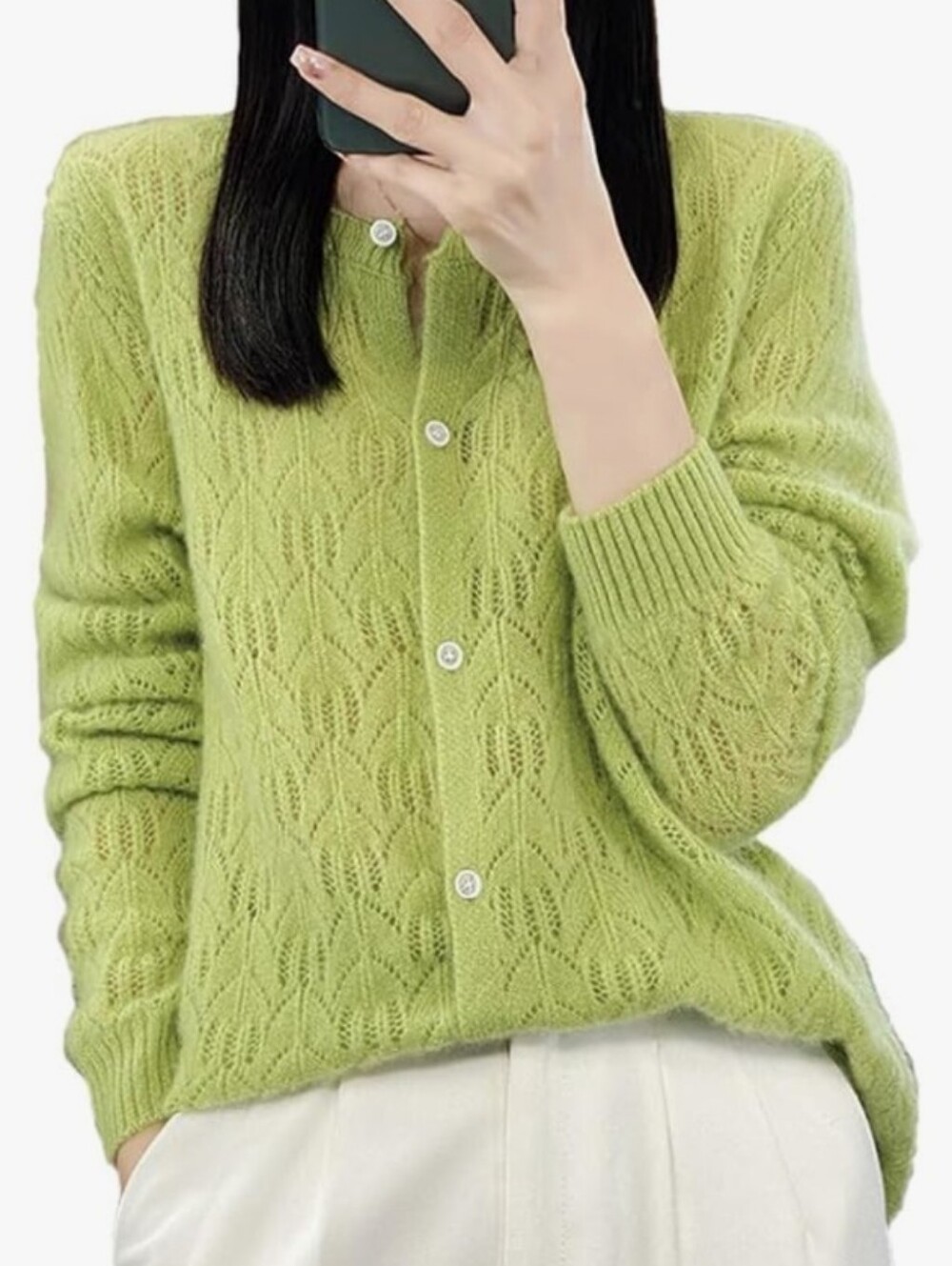 soft green VINTAGE STYLE CARDIGAN pointelle wool M